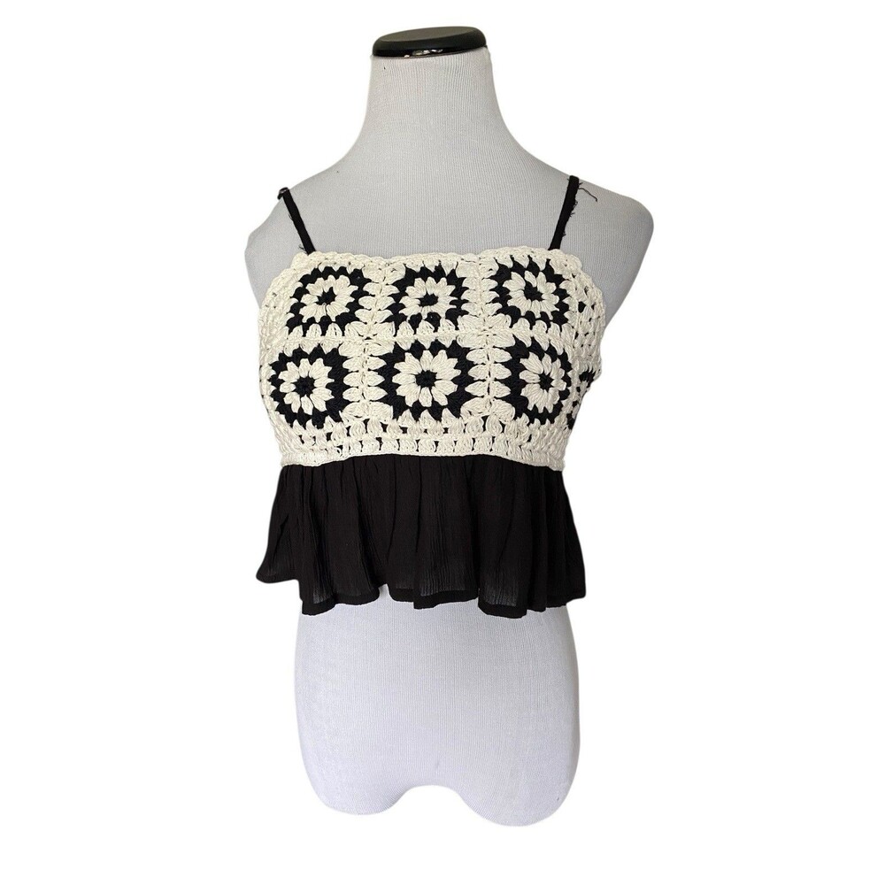 Rebellion Again Womens Granny Square Crochet‎ Crop Top Size XS Black Hippie Boho